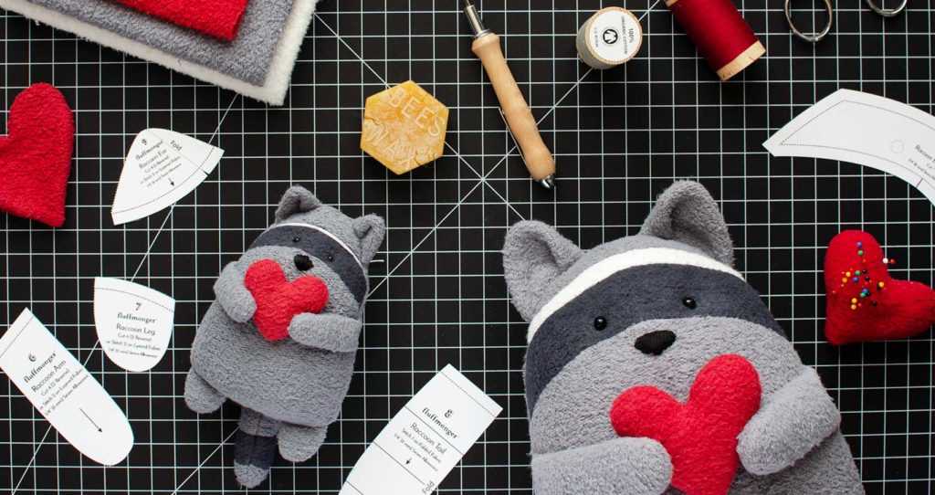 Free raccoons sewing pattern and organic stuffed raccoon kits by Fluffmonger